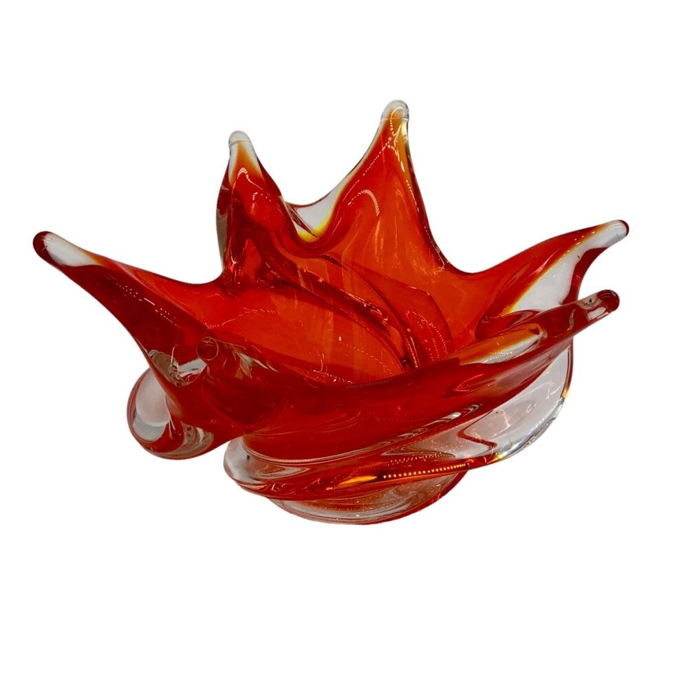 Bowl - Chalet Swirl Six Finger Orange and Clear Glass Bowl MCM 1960's 9"W x 5.5"